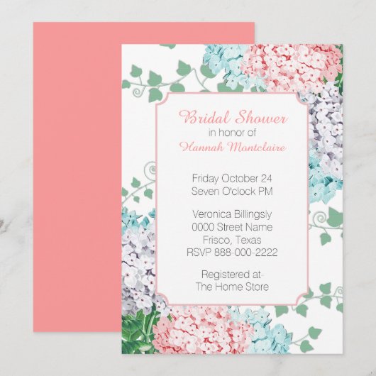 Chic pastel hortensia's bruids douche uitnodiging (Voorkant / Achterkant)