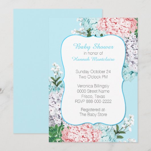 Chic Pastel Hydrangeas Baby shower Uitnodiging (Voorkant / Achterkant)