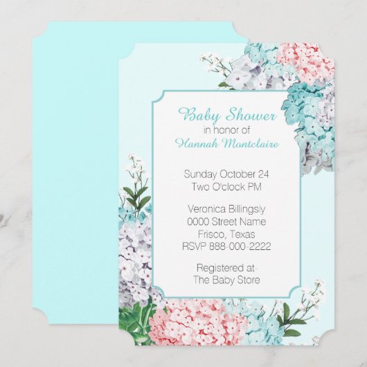 Chic Pastel Hydrangeas Blue Baby shower Invitation Kaart (Voorkant / Achterkant)