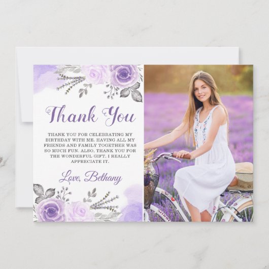 Chic Pastel Paars Roos Garden Birthday Foto Bedankkaart (Voorkant)