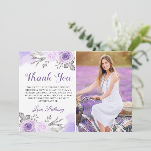 Chic Pastel Paars Roos Garden Birthday Foto Bedankkaart (Staand voorkant)