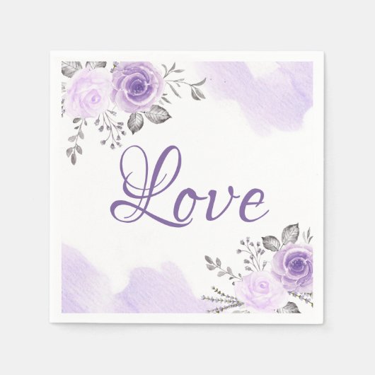 Chic Pastel Paarse Bloemen Liefde Script Trouwen Servetten (Voorkant)