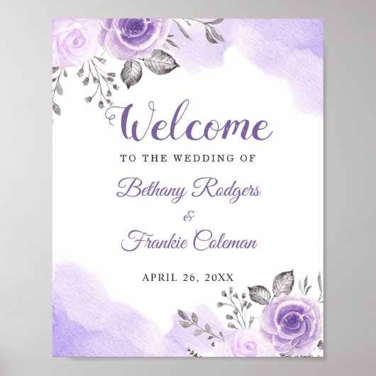 Chic Pastel Paarse Waterverf Floral Wedding Sign Poster (Voorkant)