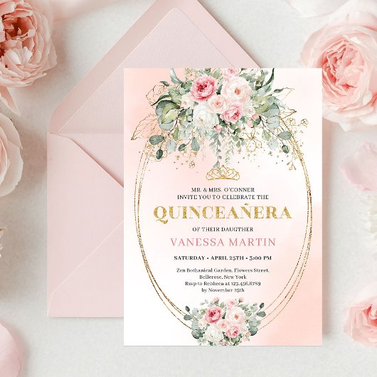 Chic Pastel Pink Boho Floral Quinceañera Invites Kaart