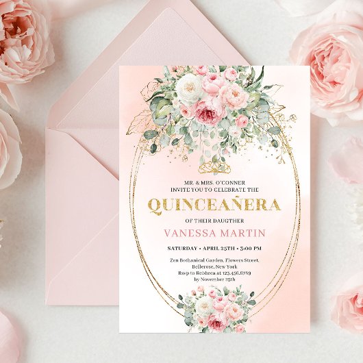 Chic Pastel Pink Eucalyptus Quinceañera Invite Kaart