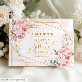 Chic Pastel Roze Goud Pioenen Sweet 16 Gastboek Gastenboek