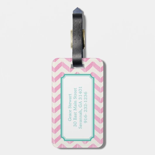 Chic Pastel Roze & Mint Chevron Aangepast monogram Bagagelabel (Achterkant verticaal)