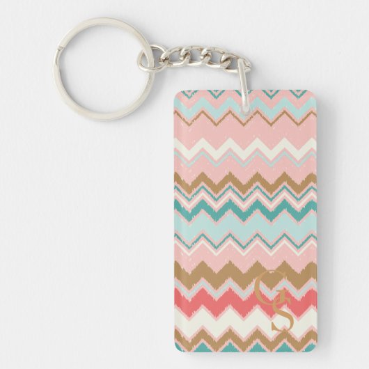 Chic Pastel Roze Mint Chevron Aangepast monogram Sleutelhanger (Voorkant)