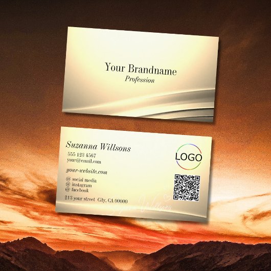 Chic Pastel Silk Cream Curved Decor Logo QR Code Visitekaartje