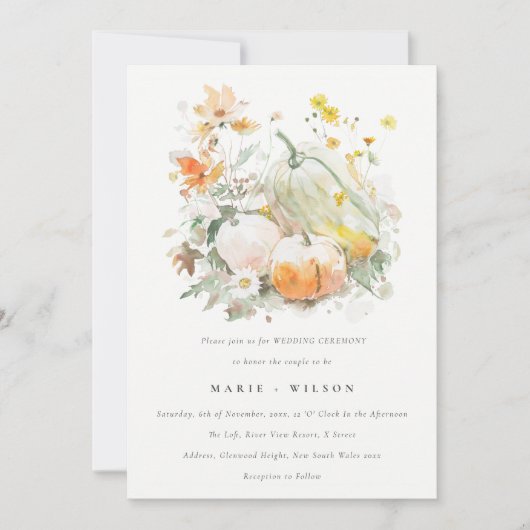 Chic Pastel Wildflower Pompoen Waterverf bruiloft Kaart (Voorkant)