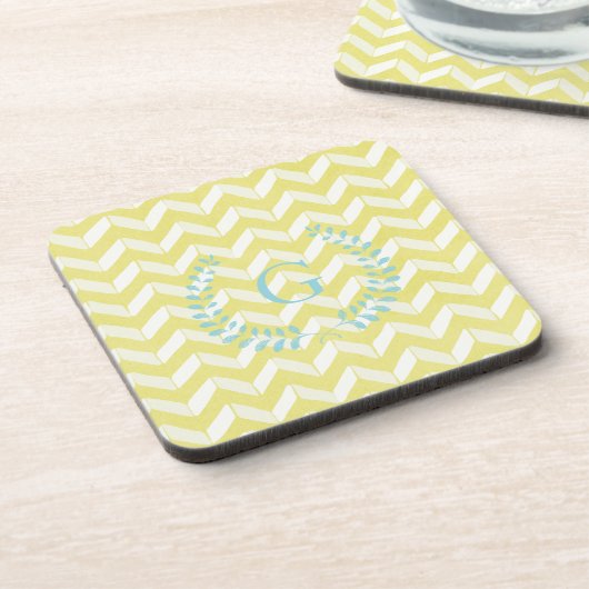 Chic Pastel Yellow Blauwgroen Chevron Custom Monog Bier Onderzetter (Linkerzijde)