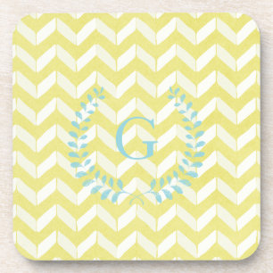 Chic Pastel Yellow Blauwgroen Chevron Custom Monog Bier Onderzetter