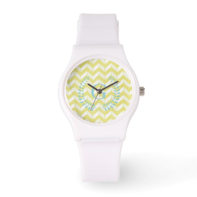 Chic Pastel Yellow Blauwgroen Chevron Custom Monog Horloge (Voorkant)