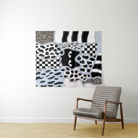 Chic Patchwork Suspicious Black Cat Gingham & Chec Wandkleed (In Situ (horizontaal))