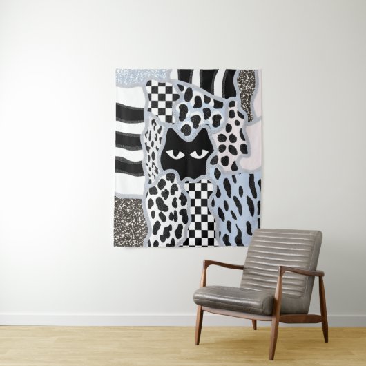 Chic Patchwork Suspicious Black Cat Gingham & Chec Wandkleed (In situ)