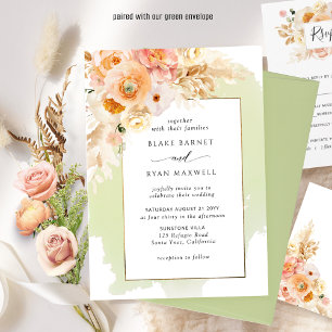 Chic Peach Blush Champagne Green Floral Wedding Kaart