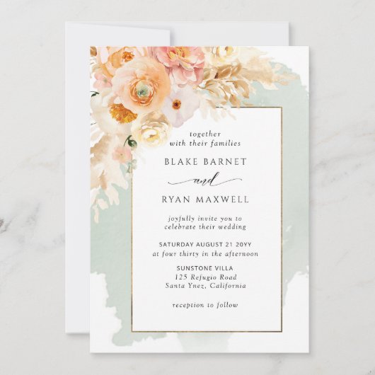 Chic Peach, Blush, Champagne, Sage Floral Wedding Kaart (Voorkant)