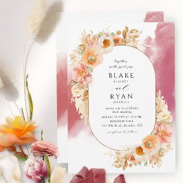 Chic Peach Blush Cream and Burgundy Oval Wedding Kaart