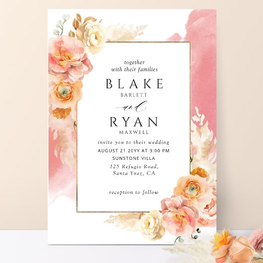 Chic Peach Blush Floral, Coral Waterverf Wedding Kaart