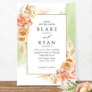 Chic Peach Blush Floral, Green Waterverf Wedding Kaart