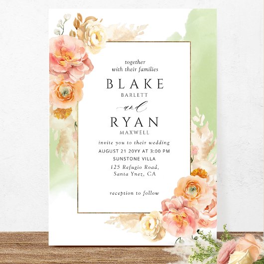 Chic Peach Blush Floral, Green Waterverf Wedding Kaart