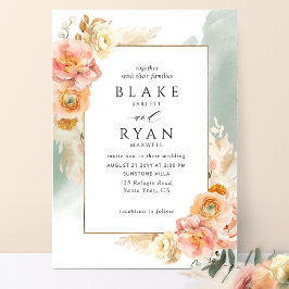 Chic Peach Blush Floral, Sage Waterverf Wedding Kaart