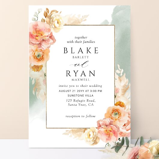 Chic Peach Blush Floral, Sage Waterverf Wedding Kaart