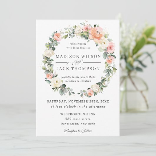 Chic Peach Blush Ivoor Witte Bloemen Krans Trouwen Kaart (Staand voorkant)