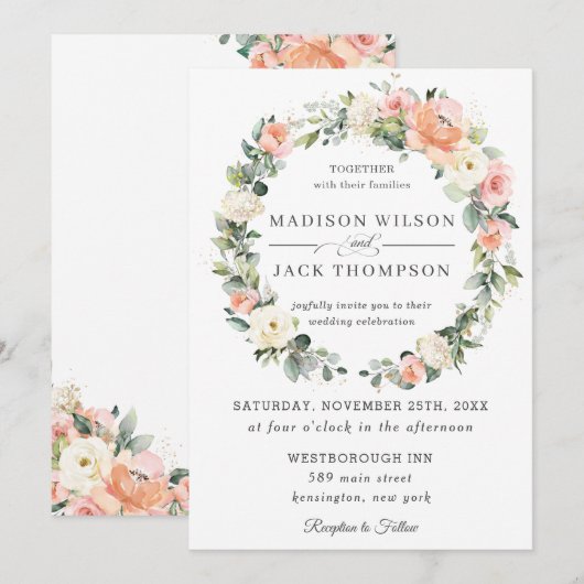 Chic Peach Blush Ivoor Witte Bloemen Krans Trouwen Kaart (Voorkant / Achterkant)