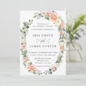 Chic Peach Blush Ivory Floral Wreath Leafy Wedding Kaart (Staand voorkant)