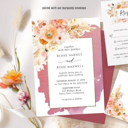Chic Peach Blush Pink and Burgundy Floral Wedding Kaart