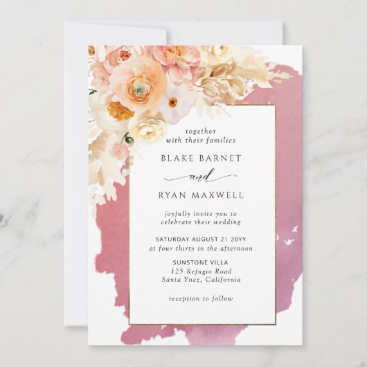 Chic Peach Blush Pink and Burgundy Floral Wedding Kaart (Voorkant)
