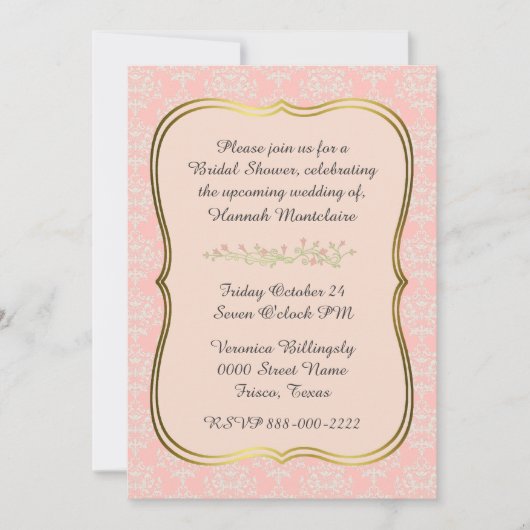Chic Peach Damask Bridal Shower Invitation Kaart (Voorkant)