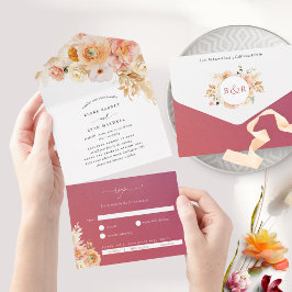 Chic Peach en Burgundy Floral Weddenschap met RSVP All In One Uitnodiging