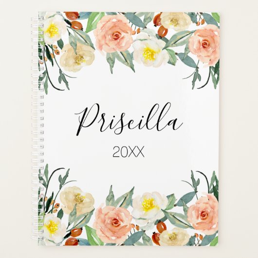 Chic Peach en Cream Waterverf Bloemen Maandelijks Planner (Voorkant)