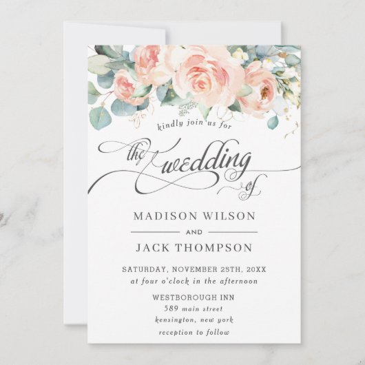 Chic Peach Floral Calligraphy Greenery Wedding Kaart (Voorkant)