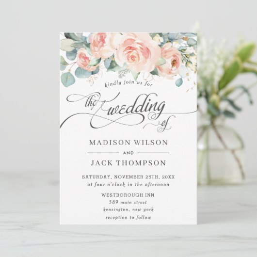Chic Peach Floral Calligraphy Greenery Wedding Kaart (Staand voorkant)