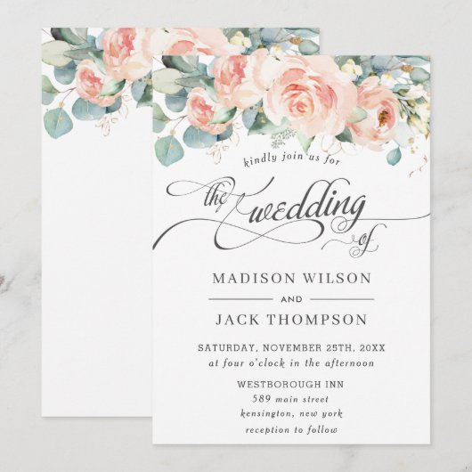 Chic Peach Floral Calligraphy Greenery Wedding Kaart (Voorkant / Achterkant)