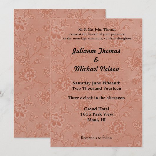 Chic Peach Floral Wedding Kaart (Voorkant / Achterkant)