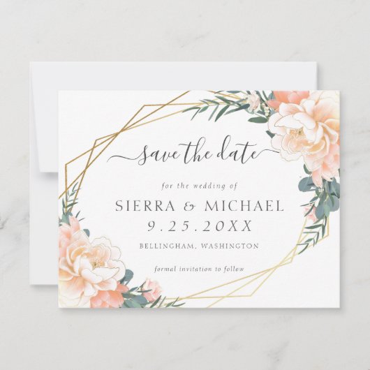 Chic Peach Gold Floral Mint Green Save the Date Aankondiging (Voorkant)