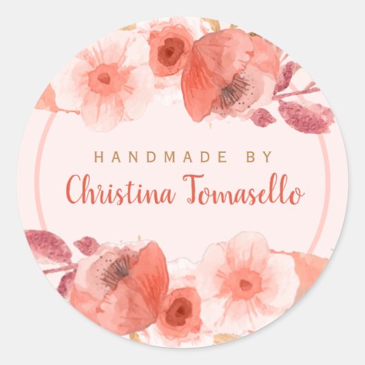 Chic Peach Golden Floral Handmade by Personalized Ronde Sticker (Voorkant)