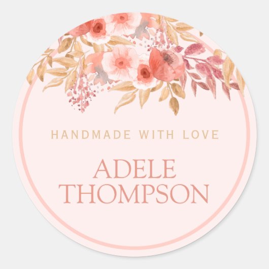 Chic Peach Golden Floral Handmade with Love Ronde Sticker (Voorkant)