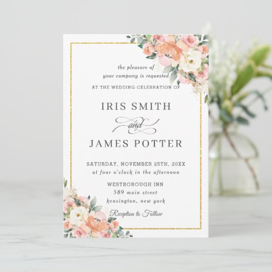 Chic Peach Ivory Blush Floral Gold Wedding Kaart (Staand voorkant)