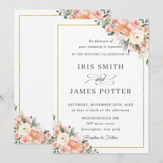Chic Peach Ivory Blush Floral Gold Wedding Kaart (Voorkant / Achterkant)