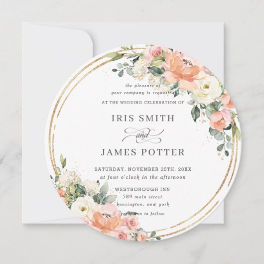 Chic Peach Ivory Blush Pink Floral Gold Wedding Kaart (Voorkant)