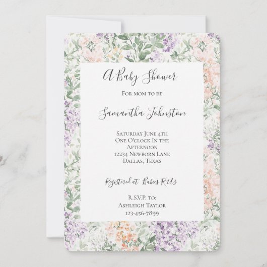 Chic Peach Lila Lavendel Bloemen Baby shower Kaart (Voorkant)