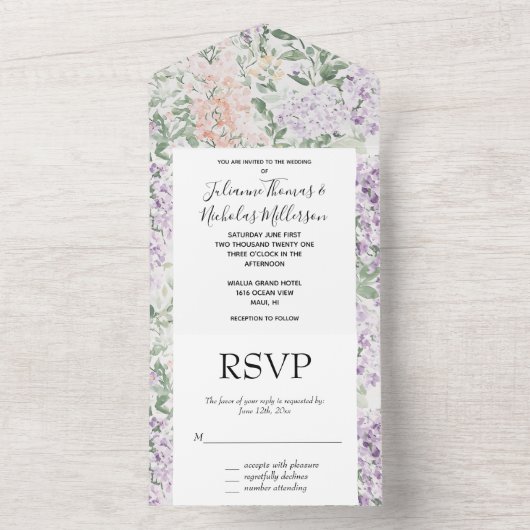 Chic Peach Lila Lavendel Bloemen Huwelijk All In One Uitnodiging (Binnen)