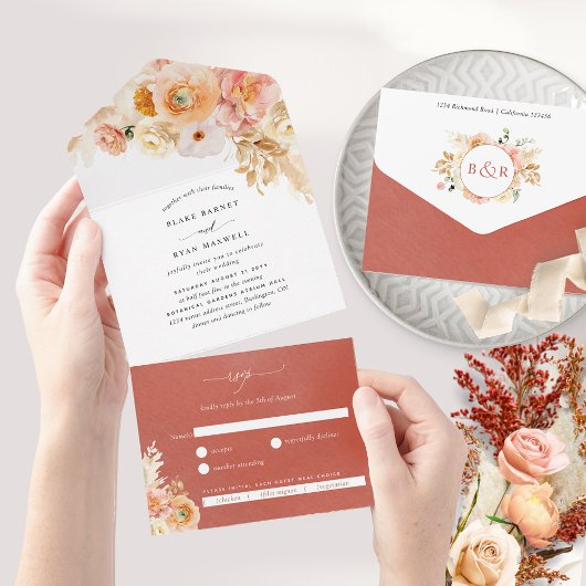 Chic Peach Rust Sinaasappel Floral Wedding met RSV All In One Uitnodiging