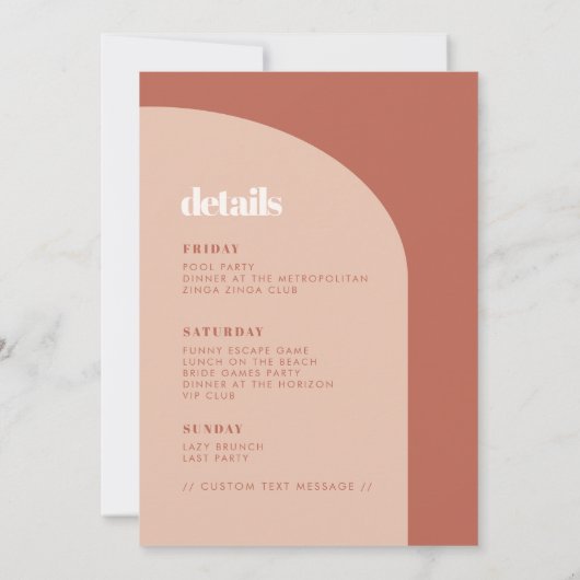 Chic peach terracotta arch bachelorette weekend kaart (Achterkant)