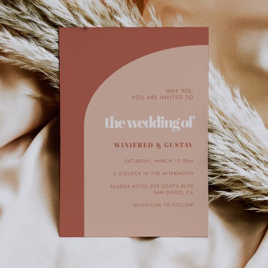Chic peach terracotta arch bruiloft save the date